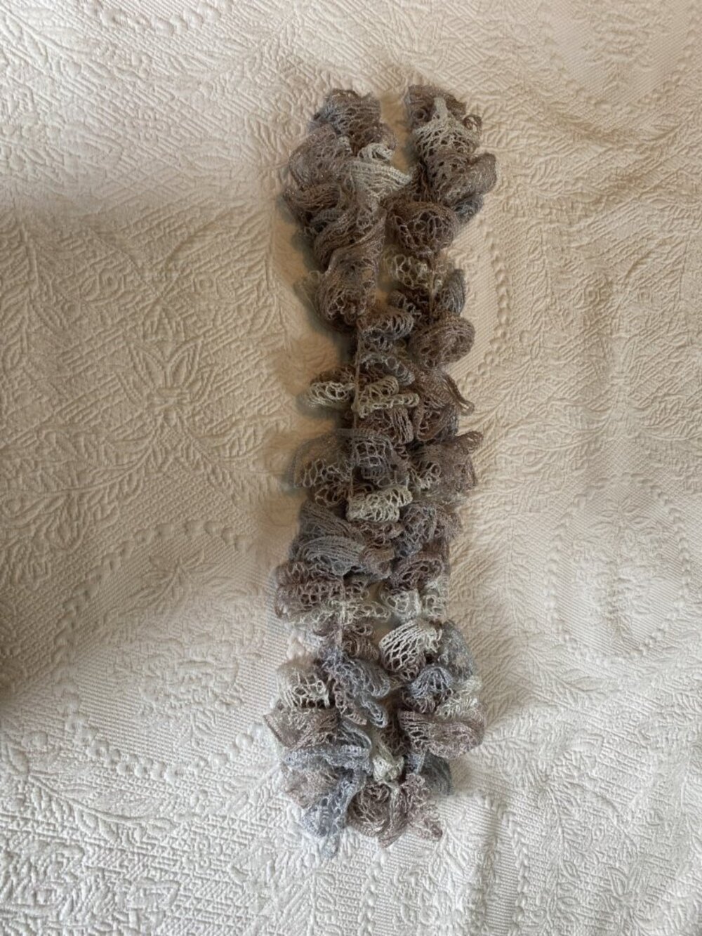 Handmade Ruffled Gray/White/Mauve Scarf